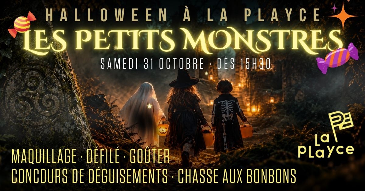 Trois enfants déguisés en fantôme, sorcière et squelette dans une forêt mystérieuse pour Halloween à La Playce Quimper.
